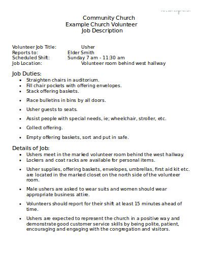 Church Volunteer Job Descriptions Samples
